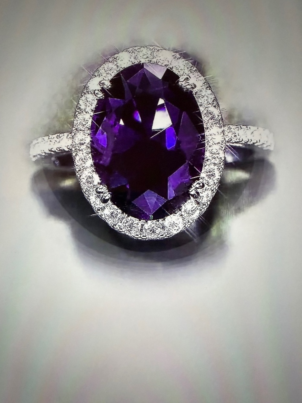 Royal Purple Amethyst Halo Ring: Moissanite Halo, 14kt White Gold/Silver
